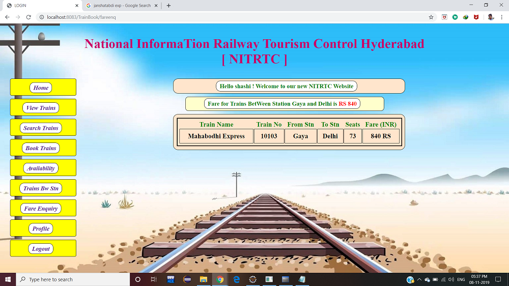 fare-result Online Railway Reservation System in (JSP)