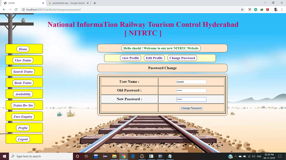 passwordchange Online Railway Reservation System in (JSP)